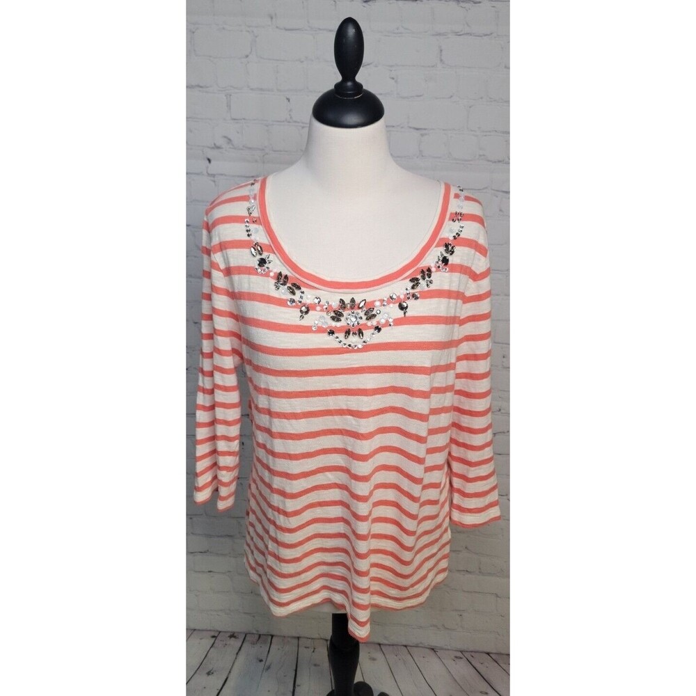 Talbots Women's Embellished Top Scoop Neck Orange White Striped Sz Lg Grannycore